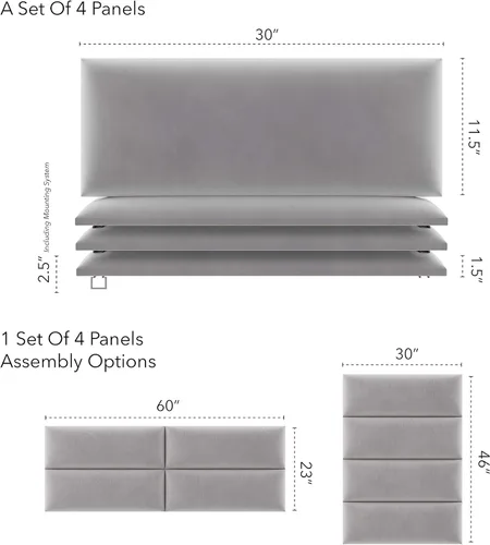 Miniatura 3 de Vänt Paneles tapizados de pared, cabeceros de terciopelo para montar en la pared tamaño Queen/Full, terciopelo gris platino, juego de 4 paneles