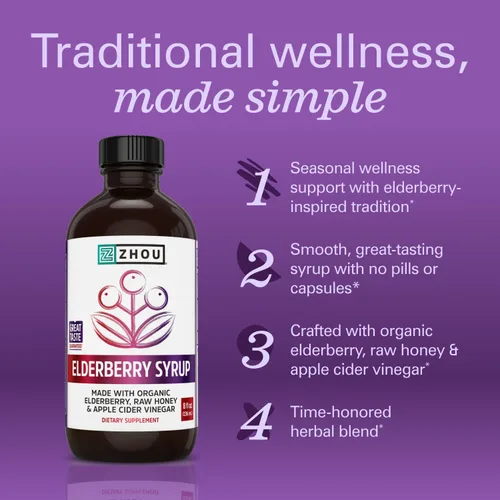 Miniatura 3 de Zhou Nutrition - Jarabe de saúco negro orgánico para adultos, elixir de apoyo inmunológico con vinagre de sidra de manzana, tintura de equinácea