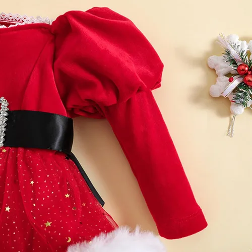Miniatura 3 de Rswnyirn Vestido mameluco de Navidad para niñas pequeñas, vestido de tul de princesa de terciopelo rojo con diadema