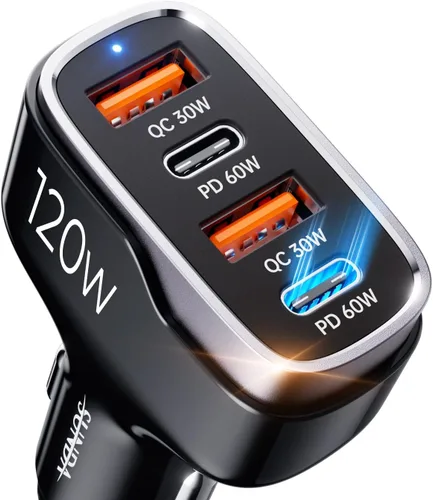 SUNDA Cargador de coche rápido USB C de 120 W, adaptador de encendedor de cigarrillos de 4 puertos, adaptador de cargador de teléfono USB C para