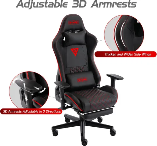 Miniatura 6 de S*MAX Silla de juegos con reposapiés, asiento grueso, sillas de juegos negras con reposabrazos 3D, sillas de jugador de piel sintética y soporte