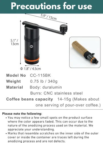 Miniatura 6 de CAMPINGMOON Molinillo de café manual portátil con mango plegable integrado, molinillo de mano CNC de acero inoxidable, molino cónico profesional