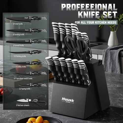 Miniatura 8 de Juego de bloque de cuchillos Huusk con afilador - Juego de cuchillos de cocina negros con bloque de cuchillos de madera - Regalos ideales