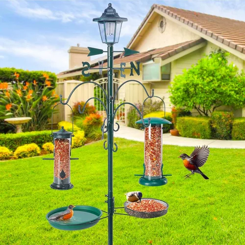Miniatura 3 de Yinns Comedero para pájaros con poste al aire libre, gancho de pastor para comedero de pájaros, alimentador múltiple colgante con lámpara solar