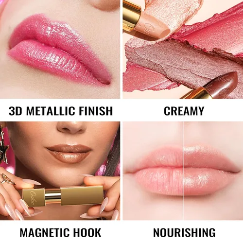 Miniatura 2 de Oulac Lápiz labial rojo, regalos de Navidad para mujeres, fórmula hidratante ligera con brillo 3D metálico, color de labios de alto impacto, Bomba