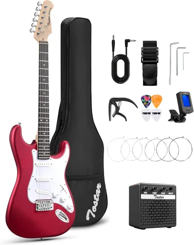 Miniatura 18 de Tostar Kit de guitarra eléctrica con amplificador, 39 pulgadas, tamaño completo, 6 cuerdas, ligero, diseño de cuerpo redondeado, interruptor
