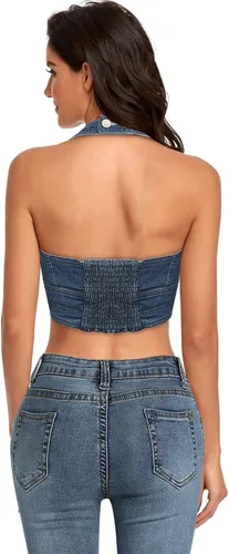 Miniatura 3 de Camiseta corta sin mangas con botones en la parte delantera y cuello en V profundo para mujer, corsé sin espalda
