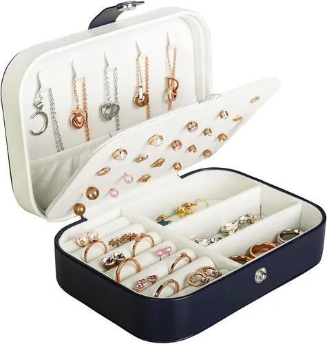 Joyero para viaje, pequeño organizador de piel sintética para mujeres y niñas, estuche miniatura de viaje de doble capa, portátil, de exhibición,