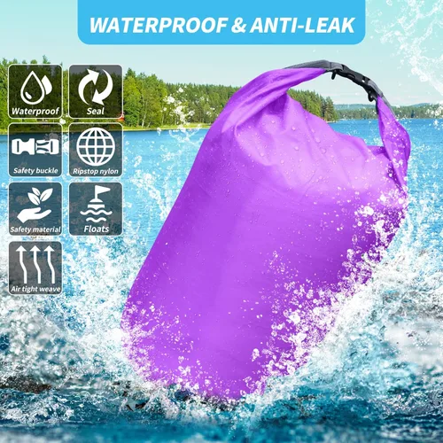 Miniatura 5 de Juego de bolsas secas, impermeables, pequeñas y ligeras, bolsas secas para tabla de remo, kayak, pesca, campamento (morado, 40L, 2 unidades)