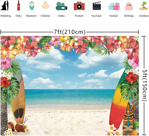 Miniatura 5 de Fondo de playa hawaiana para verano, cielo, océano, palmera tropical, tabla de surf, fondo de fotografía, baby shower, decoración de fiesta