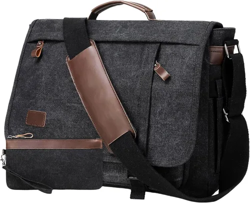 Bolso de Mensajero de 17.3 Pulgadas para Hombre: 2 Piezas Bolso para Laptop de Cuero PU y Tela de Lona Maletín de Trabajo Grande para Oficina