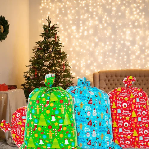 Miniatura 6 de OuMuaMua Paquete de 3 Bolsas Grandes de Regalo de Navidad - 49" x 35.5" Bolsas Jumbo de Plástico para Envolver Regalos de Navidad Reutilizables