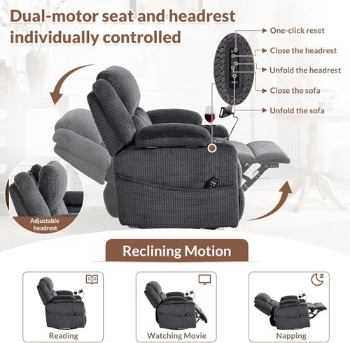 Miniatura 6 de Dual Motor Large Power Recliner Chair with Massage and Heat 270 Swivel Rocker Recliners with Adjustable Headrest Phone Holder for Living Room
