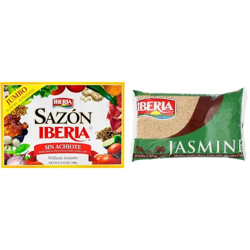 Sazon Iberia sin Achiote 6.34 onzas (36 paquetes) + arroz jazmín marrón Iberia 5 libras.