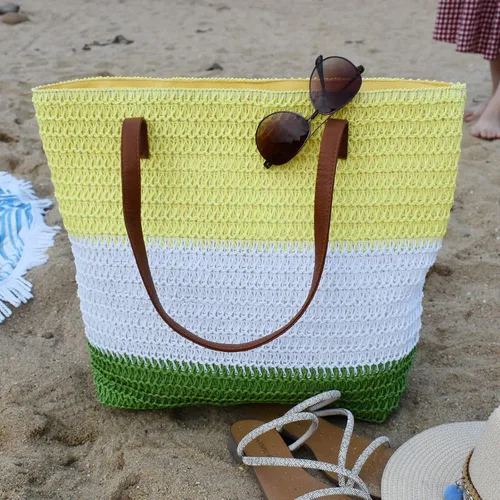 Miniatura 35 de Bolso grande de paja para mujer, tejido de ratán, bolso de playa de verano, a rayas
