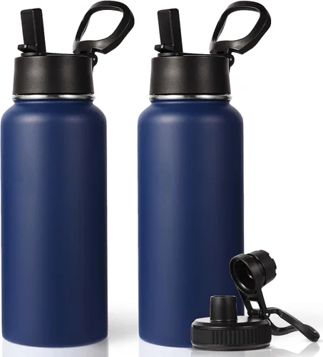 Miniatura 45 de Neihepal Botella de agua aislada de 32 onzas con 2 tapas (tapa con pajilla y boquilla), botellas de agua de doble pared de acero inoxidable 18/8