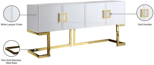 Miniatura 6 de Meridian Furniture Beth Collection Modern Aparador de buffet contemporáneo, base de acero inoxidable dorado intenso, acabado lacado blanco, 64
