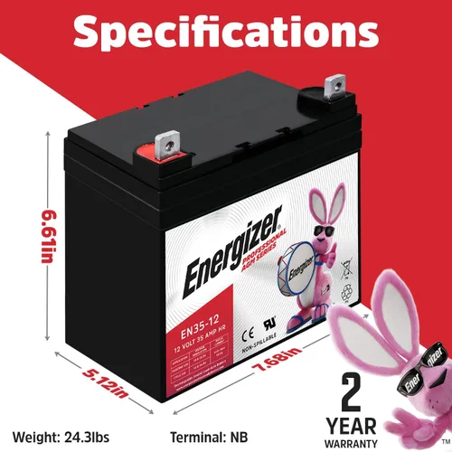 Miniatura 2 de Energizer EN35-12, Batería recargable de plomo ácido sellada AGM de 12 voltios 35 amp/hr de larga duración, ideal para usar en sillas de ruedas