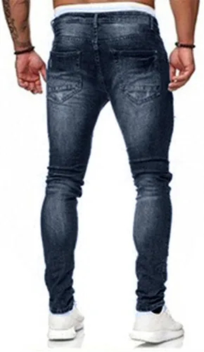 Miniatura 3 de HUNGSON Men's Blue Slim Fit Jeans Stretch Destroyed Ripped Skinny Jeans Side Striped Denim Pants