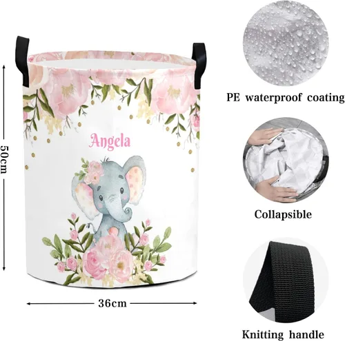 Miniatura 5 de Cestas de lavandería personalizadas de elefante floral rosa con nombre, cesta de almacenamiento de ropa plegable con asa para baño, dormitorio