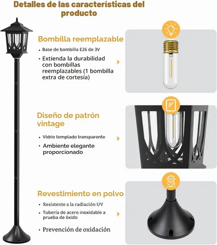 Miniatura 3 de Paquete de 2 postes de luz solar de 63 pulgadas, postes de luz solar para exteriores, impermeables, lámparas para exteriores, patio, decoración