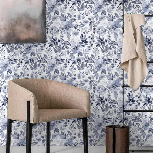 Miniatura 2 de Papel tapiz autoadhesivo de 18 x 236 pulgadas, diseño de acuarela azul marino y blanco, papel de contacto extraíble para cocina, dormitorio, baño