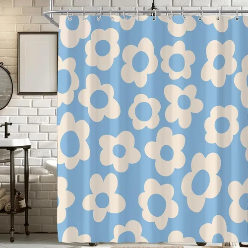Miniatura 34 de Cortina de ducha pequeña para casa rodante, tamaño medio, estilo retro de los 70, con flores bonitas, estética abstracta de margaritas, decorativa