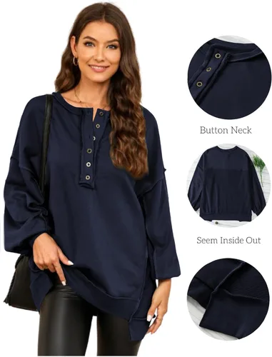 Miniatura 62 de AlvaQ - Sudadera de gran tamaño para mujer, informal, de manga larga, con botones y cuello Henley, tipo túnica