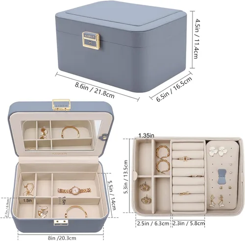 Miniatura 6 de KAMIER Caja organizadora de joyas, 2 capas de piel sintética, gran capacidad, doble cerradura y espejo grande, ganchos ocultos para collares