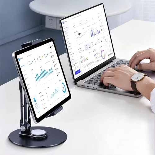 Miniatura 5 de Soporte para tableta para iPad, ajustable con base giratoria de 360 grados para escritorio, soporte giratorio de aluminio para tableta compatible