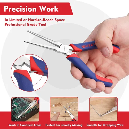 Miniatura 6 de WORKPRO Alicates de punta de aguja de 6 pulgadas (mandíbula suave), mini alicates de punta larga con asas de agarre cómodo, alicates de joyería