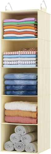 Lifewit Organizador de armario colgante de 5 niveles y almacenamiento para estantes, estante de ropa plegable con 2 ganchos resistentes, Beige