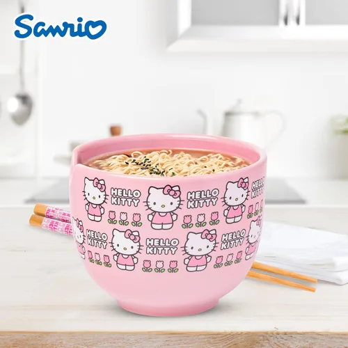 Miniatura 6 de Silver Buffalo Sanrio Hello Kitty Tazón de cerámica para ramen y arroz con diseño de flores, con palillos, apto para microondas, 20 onzas
