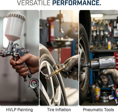 Miniatura 7 de LE LEMATEC Regulador de compresor de aire y válvula de control de flujo con manómetro - para herramientas neumáticas, pintura en aerosol, inflado