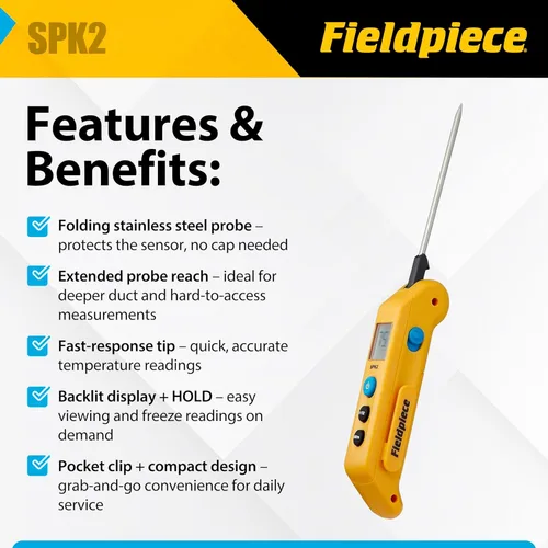 Miniatura 2 de Fieldpiece SPK2 termómetro plegable de bolsillo en canal con control Max/Min y sonda de acero inoxidable