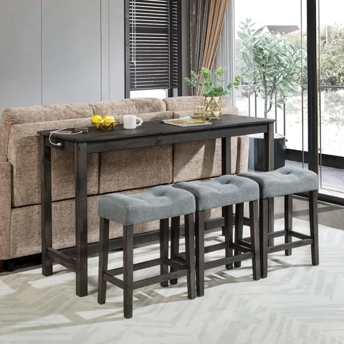 Miniatura 8 de Juego de mesa de comedor para 2, juego de mesa de comedor de 3 piezas de altura de mostrador con puerto USB y taburetes tapizados, color espresso