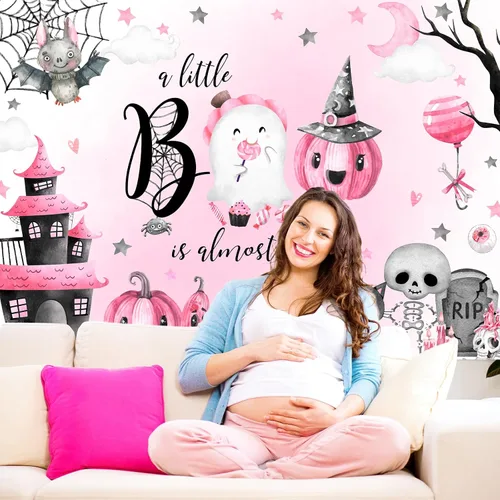 Miniatura 3 de Avezano A Little Boo is Almost Due - Telón de fondo para niña, 8 x 6 pies, color rosa, decoración de baby shower, fantasma, boo, fondo de fiesta