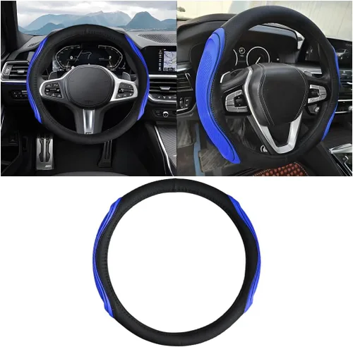 Miniatura 10 de Osilly Funda de cuero para volante de automóvil de 15 pulgadas, accesorios automotrices elástica, transpirable, antideslizante, protector de volante
