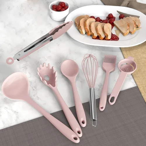 Miniatura 3 de AOTHOD Juego de utensilios de cocina de silicona, resistentes al calor, espátula, pinzas giratorias, cuchara, batidor, utensilios de cocina Rosa