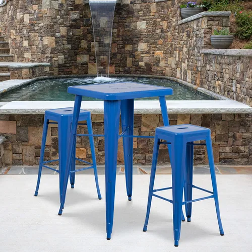 Miniatura 7 de EMMA + OLIVER Comercial 23.75SQ Negro Metal Indoor-Outdoor Bar Table Set-2 Taburetes Sin Respaldo