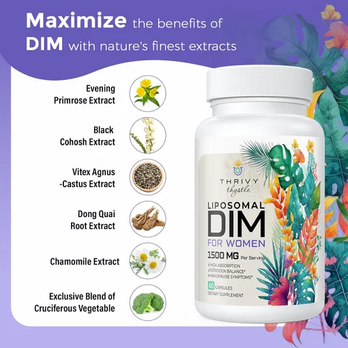 Miniatura 5 de Liposomal DIM 400 mg - Equilibrio hormonal, apoyo al estrógeno para mujeres, suplemento DIM con vitamina E, onagra, cimicifuga, ácidos grasos
