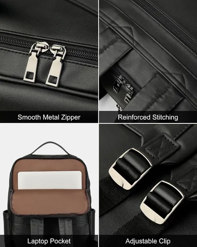Miniatura 6 de MASINTOR Mochila Bolso de Cuero PU de 15.6 pulgadas para Portátil para Mujeres, Mochila Casual Grande para Universidad, Bolsa de Viaje, Negro