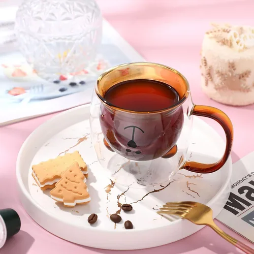 Miniatura 4 de Patelai Linda Taza de Oso de Té de Pared Doble de Vidrio con Asa Aislada Taza de Café Espresso de Navidad Taza de Cerveza Taza Linda de Cumpleaños