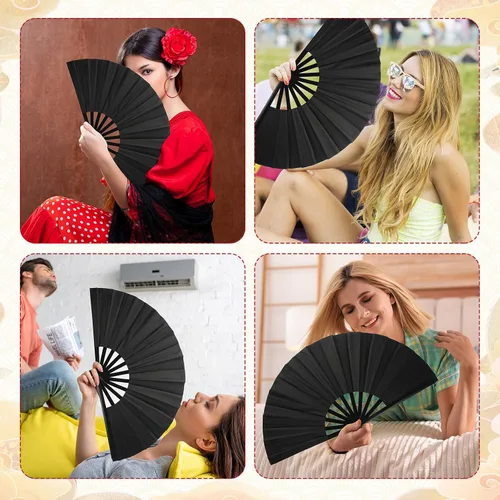 Miniatura 6 de 45 ventiladores de mano plegables grandes para baile de línea, chino, kung fu, tai chi, aplaudir, fanáticos para hombres y mujeres, festivales, Negro
