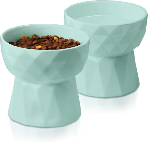Frewinky Cuencos para gatos, cuencos de cerámica para gatos antivómitos, juego de cuencos elevados para alimentos y agua para gatos y perros Verde