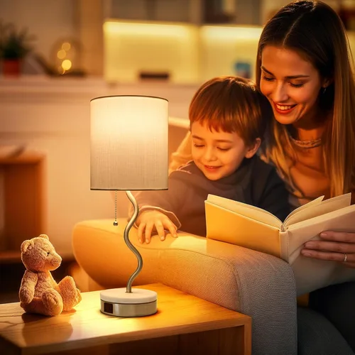 Miniatura 2 de Lámpara de Mesa con Base de Mármol - Lámpara de Mesita de Noche Moderna con Puerto USB y Cadena de Tracción, Lámpara para Dormitorio, Sala de Estar