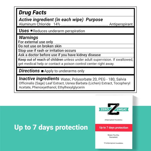 Miniatura 4 de ZeroSweat Desodorante de toallitas antitranspirantes Tratamiento de hiperhidrosis de fuerza clínica - Reduce el sudor de las axilas - 10 toallitas