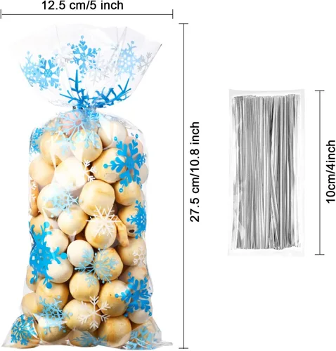 Miniatura 2 de Blulu 200 bolsas de regalo de celofán con copos de nieve de invierno, bolsas de plástico con lazos giratorios para Navidad, país de las maravillas