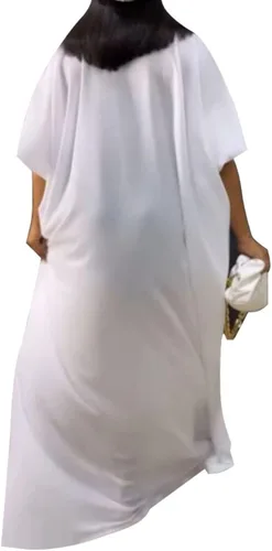 Miniatura 2 de ENOPINK Vestido de mujer sólido con cuello en V con cordones y manga codo vestido largo con vuelo grande