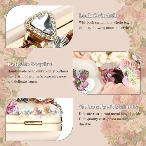 Miniatura 3 de Bolso de mano de noche floral para mujer con diamantes de imitación de metal con flores para mujer, boda, graduación, fiesta, lentejuelas 3D, bolso